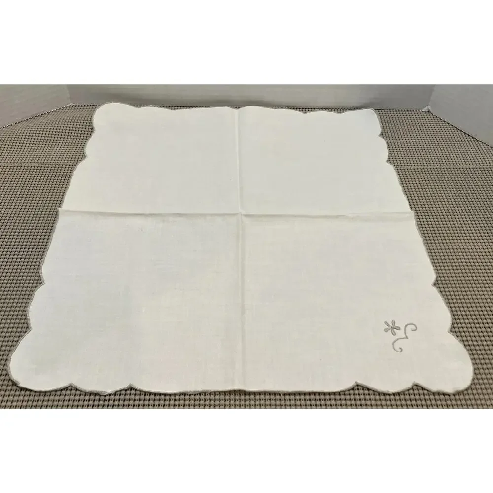 Cocktail Napkins Embroidered Scalloped Off-White Gray Silver Edge Set of 8